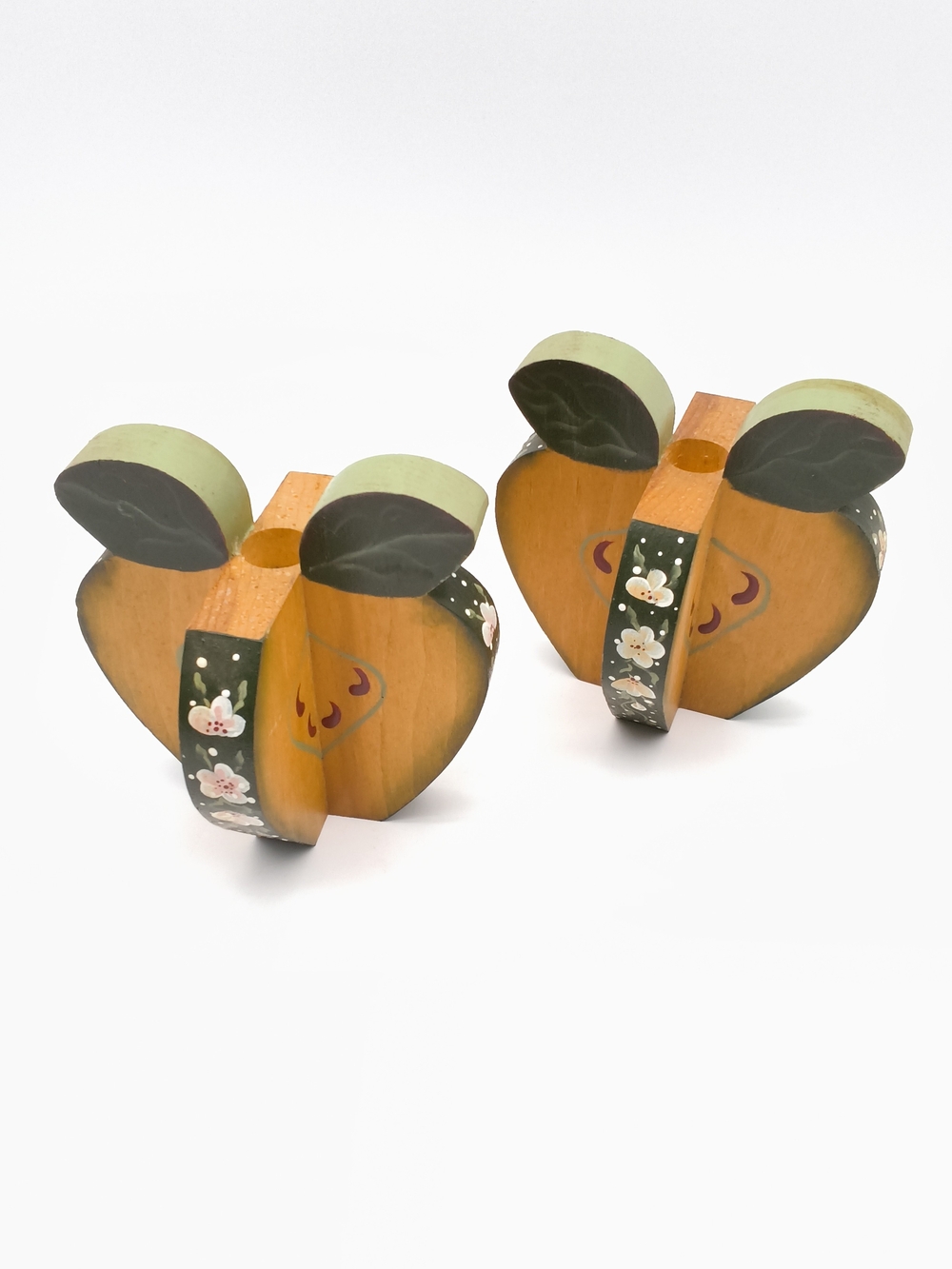 Vintage Wooden Apple Taper Candle Holders Pair - Hand Painted Folk Art, Toleware
